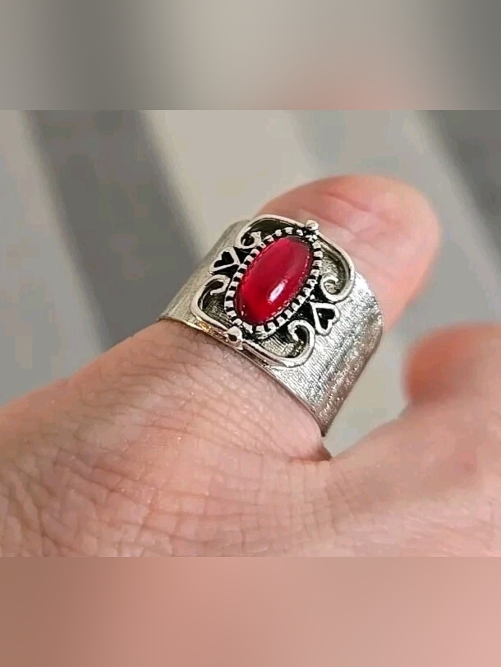 Vintage Sarah Coventry Signed Faux Ruby Red Cuff Ring Adjustable